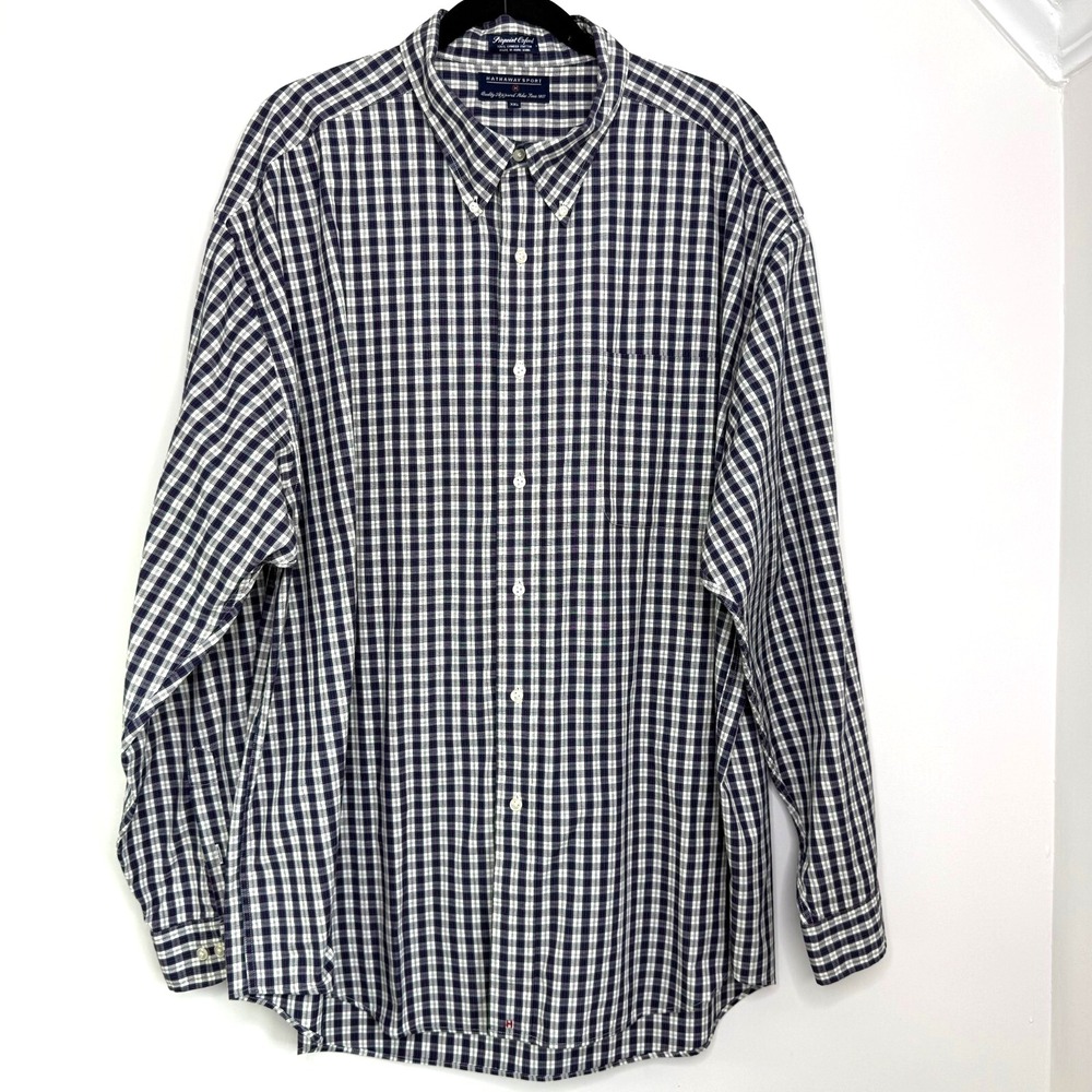 Hathaway Sport XXL‎ Plaid Cotton Shirt Blue White Button Down Long Sleeve EUC